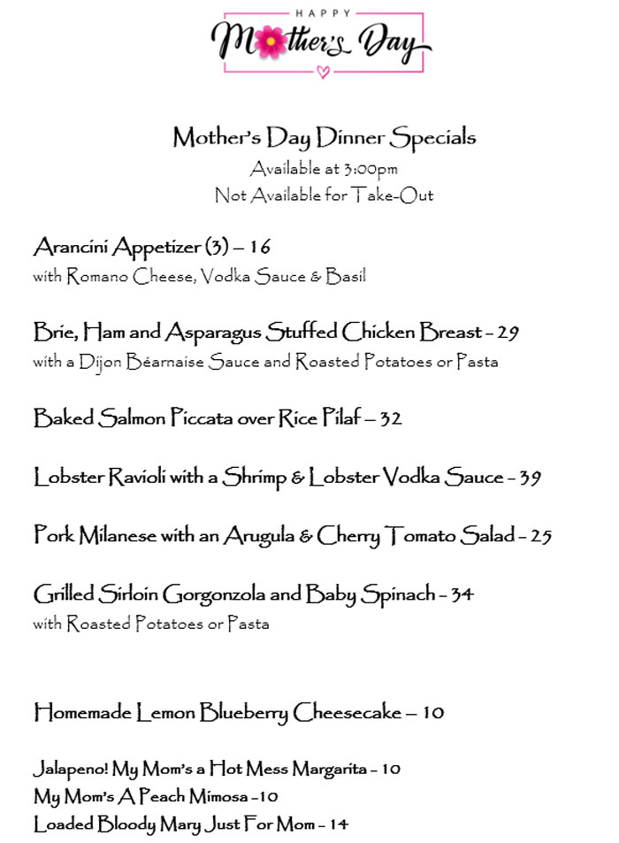 Mother’s Day dinner menu at The Rome Restaurant with entrée specials, desserts, and pink florals.